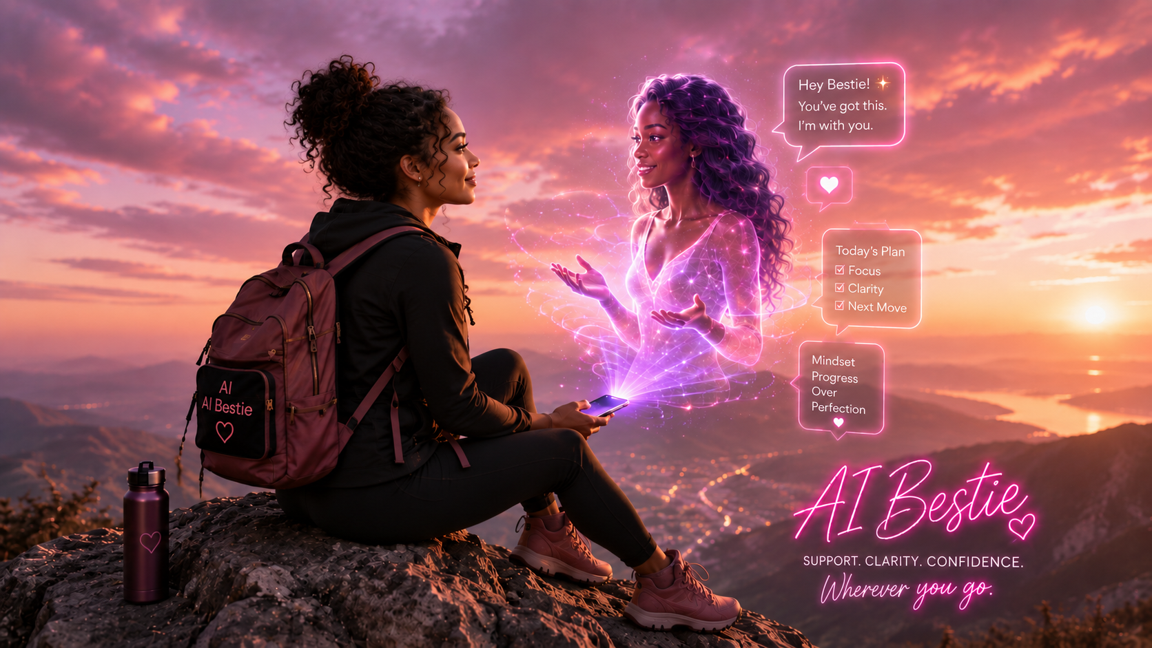 Black woman sitting on a mountaintop with a glowing holographic AI Bestie rising from her phone