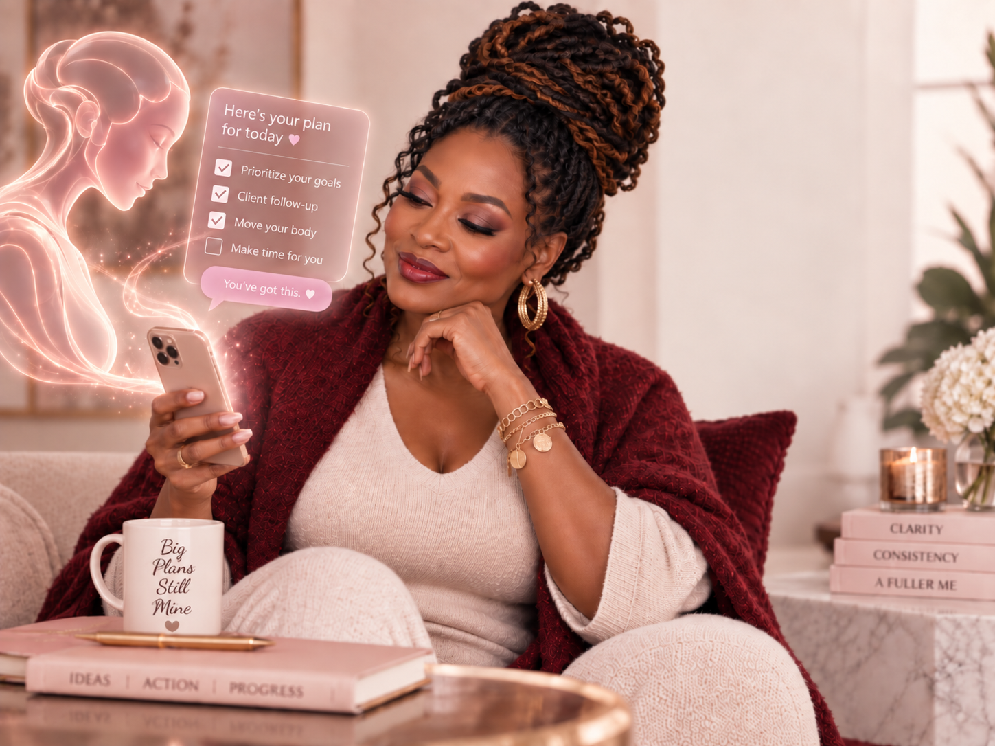Elegant Black woman using practical AI support to organize her plans and priorities