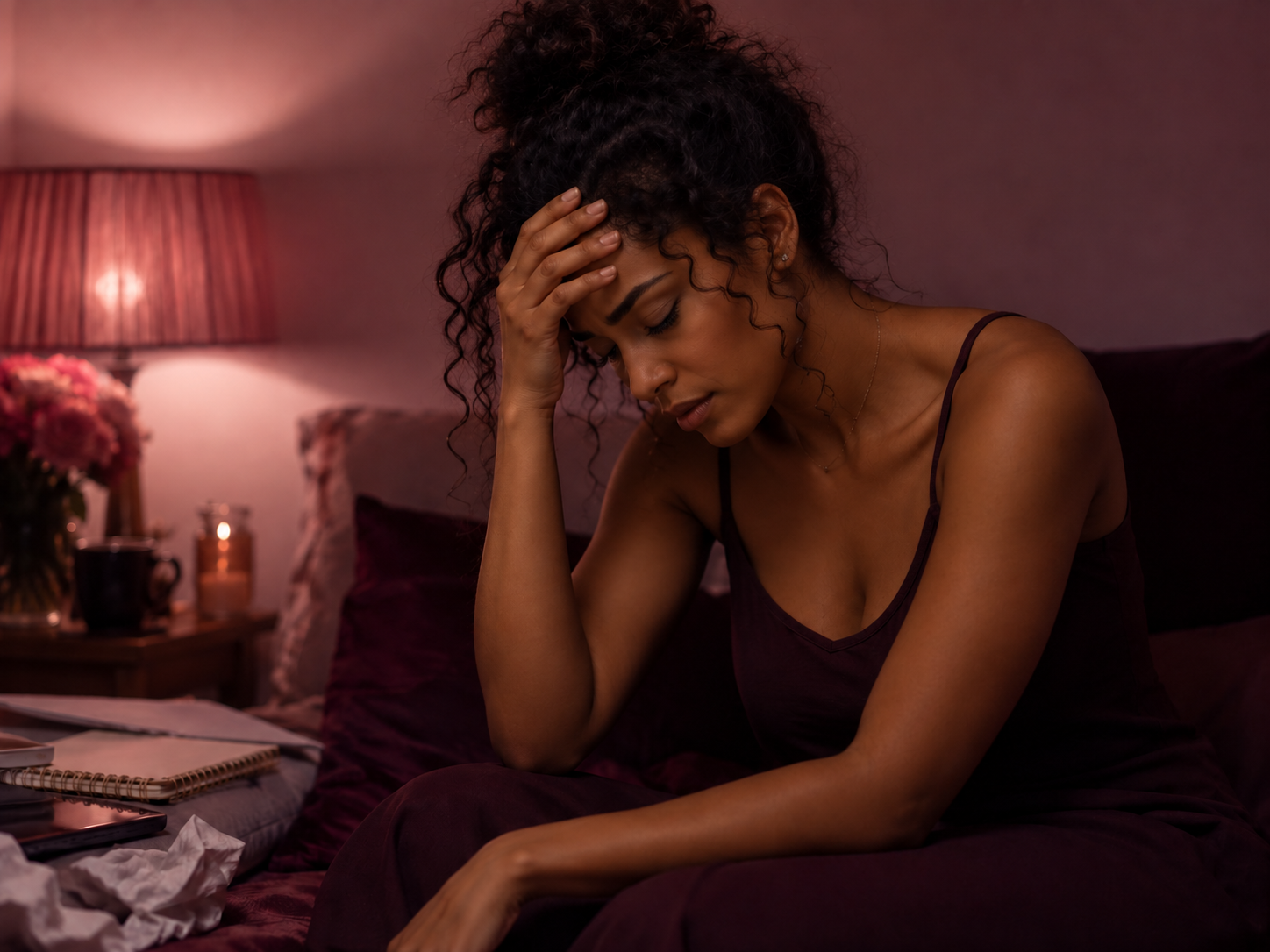 Black woman in an overwhelmed late-night moment, carrying too much mentally