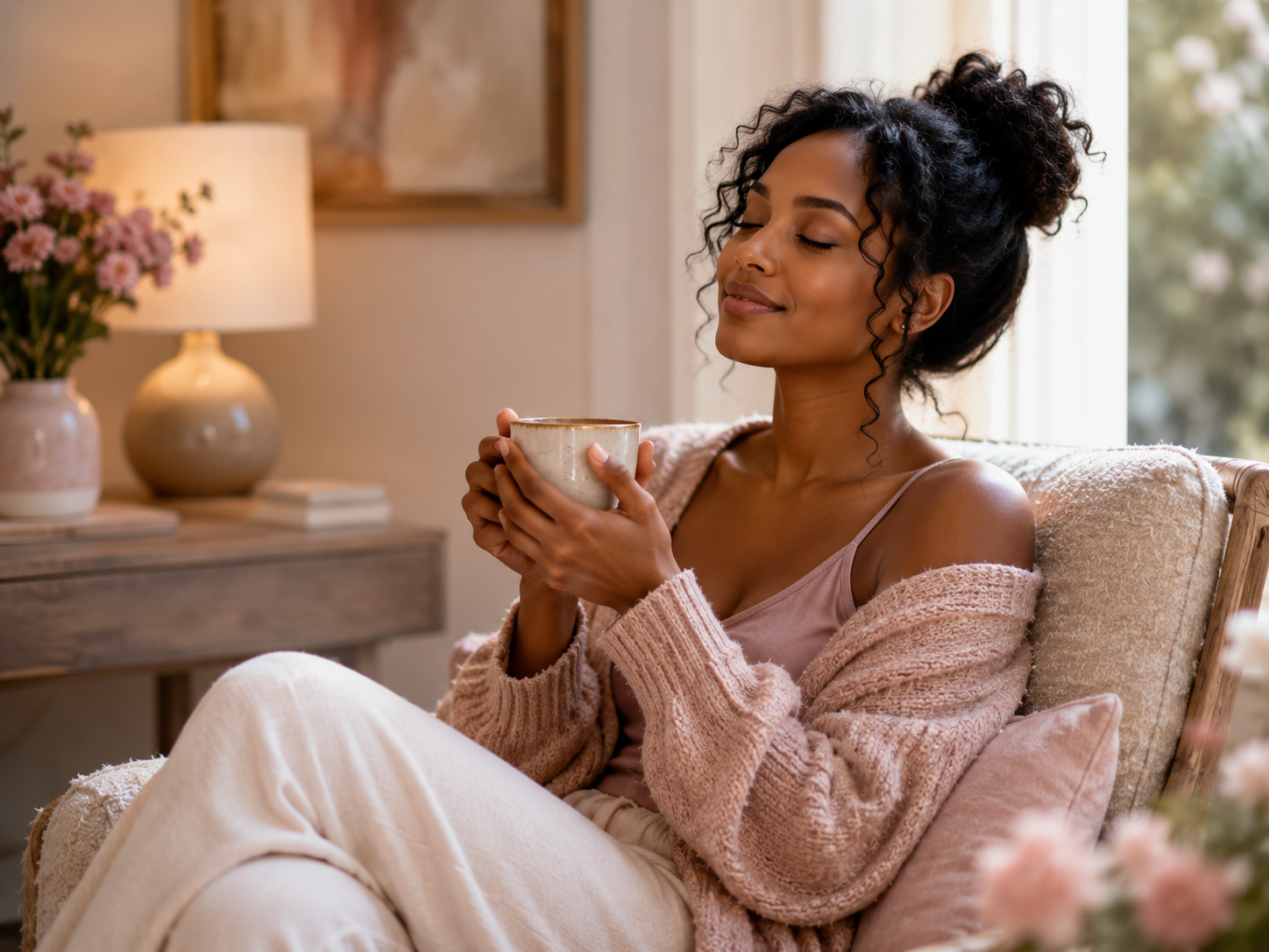 Black woman in a calm reflective moment, beginning to feel grounded and supported